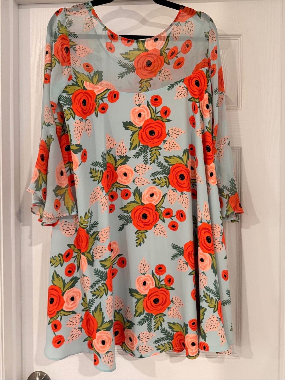 Rifle Paper Co. Light Blue Swing Dress with Coral and Pink Floral Print